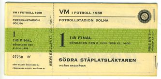 En oanvänd biljett från premiären på Fotbollstadion i Solna. 8 juni 1958 kl 14:00