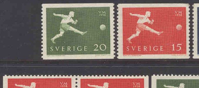 VM-frimärken. Postverket gav, 8 maj 1958, ut frimärken i tre valörer. 15 och 20 öre finns i två varianter, tvåsidig tandning (rullar) och tresidig (häften). De är tecknade av Tom Hultgren och graverade av Sven Ewert. Upplagorna är stora, 15 öre 14,5 miljoner 2-sidiga och 3,4 miljoner i häften. 20 öre 14,8/2,7 miljoner och 1:20 2,6 miljoner. De har inget stort samlarvärde, men kan ändå vara ett trevligt inskag i en VM-samling